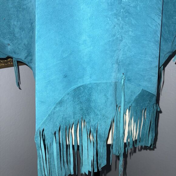 Vintage Western Teal Blue Suede Leather Fringe Shawl Cape Poncho Rodeo Hand made - Picture 7 of 16